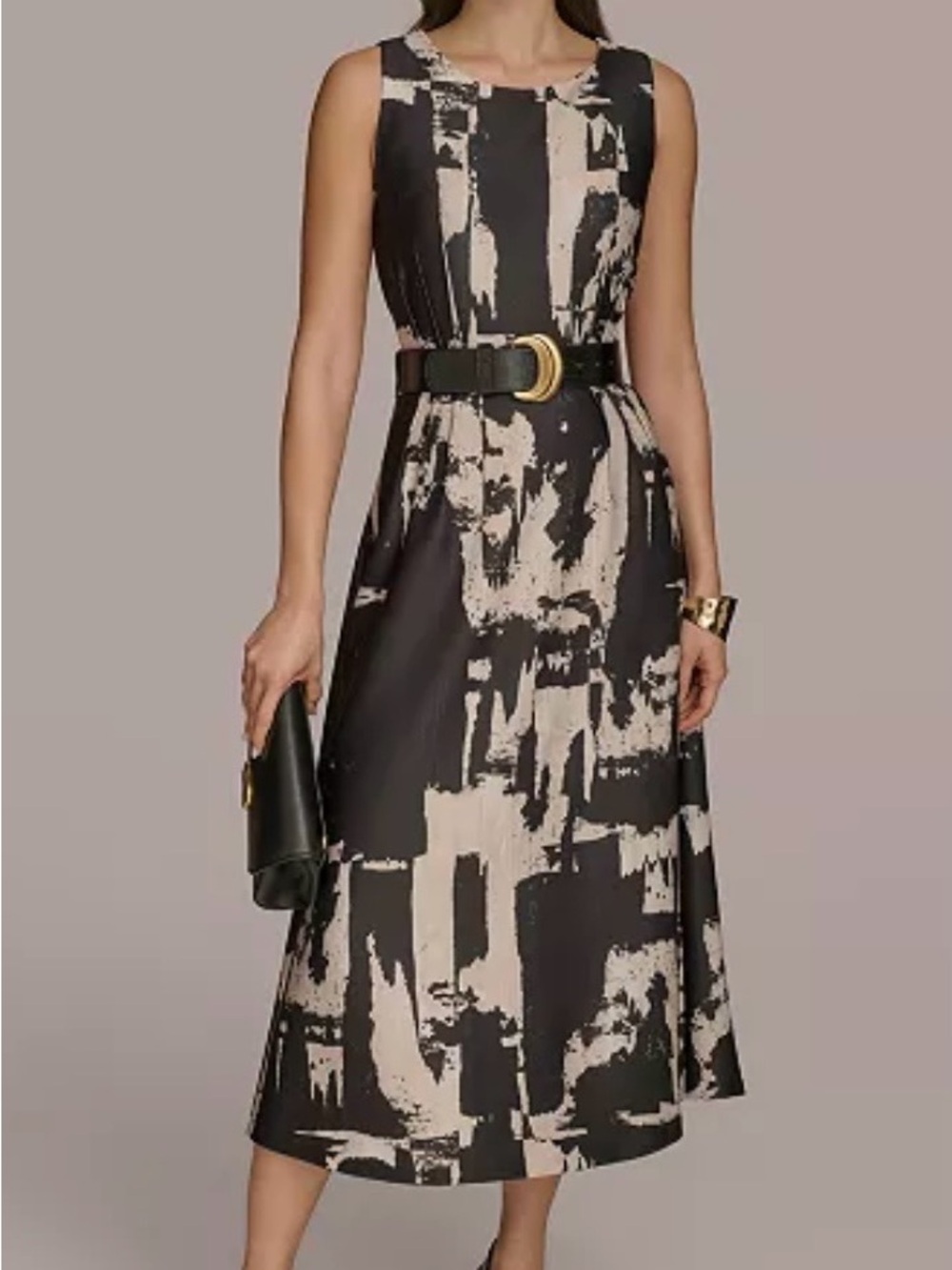 Donna Karan NY Black Ivory Abstract Belted Dress Size 8